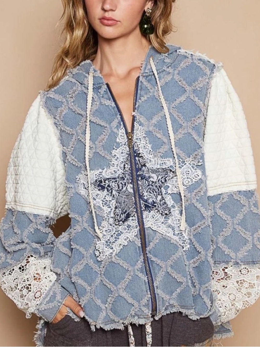 POL Oversized Multi Star Denim Lave Quilted Zip Up Hoodie